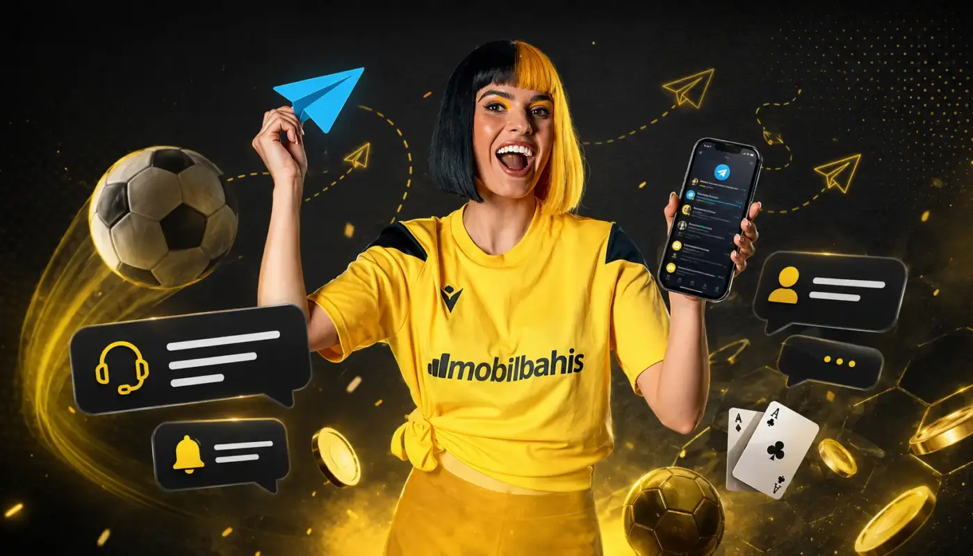 Mobilbahis Telegram hesapları, güncel duyurular, destek ve bahis erişimini temsil eden sarı siyah temalı görsel.